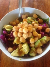 One of my fave lunches! Tuna, Avocado, Cabbage, Chickpeas, and lettuce...with lots of Lizano of course!