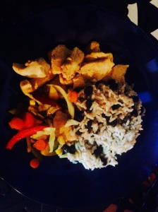 Lizano chicken, sauteed peppers and rice and beans!